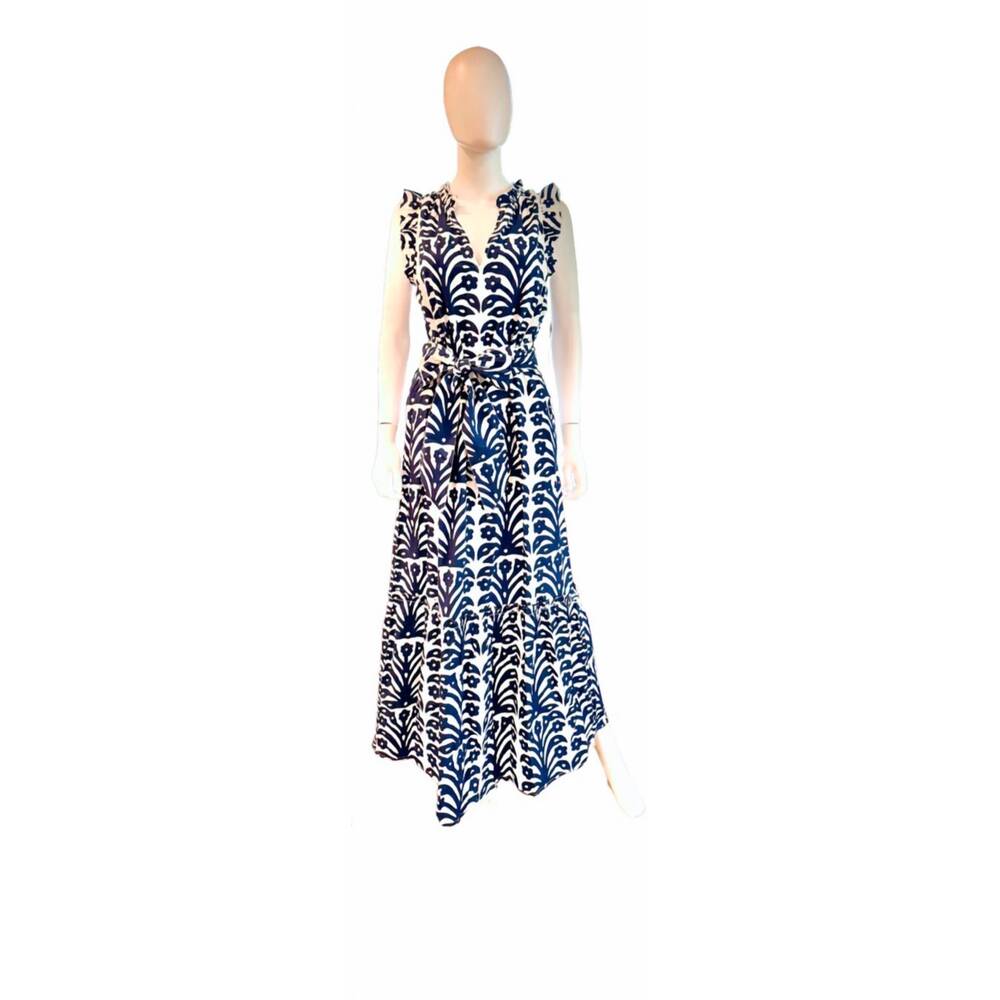 NEW FITZROY & WILLA women's christina maxi dress in navy ikat block